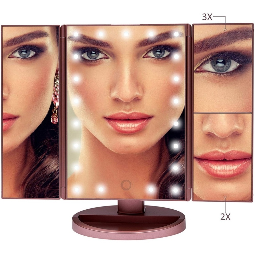 NIB Tri-Fold LED Rose Gold colored Makeup Mirror